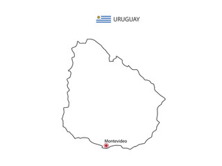 Hand draw thin black line vector of Uruguay Map with capital city Montevideo on white background.