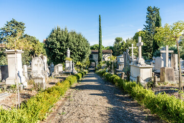 English Cemetery located at Piazzale Donatello, founded in the 19th century, burial place of many notable people, mostly Anglicans and Protestants, in Florence city center, Tuscany, Italy