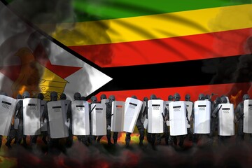 Zimbabwe protest stopping concept, police guards in heavy smoke and fire protecting state against demonstration - military 3D Illustration on flag background