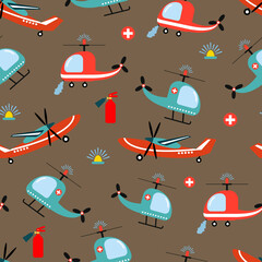 Fototapeta na wymiar Seamless pattern with rescue helicopters and airplanes. Hand-drawn style. Design for fabrics, textiles, wallpaper, packaging, for decorating a children's room.