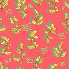 leaves on wooden twigs vector seamless pattern white and green with shadow on blue