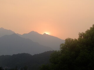 Sunset Over the Mountains and Forests Outside Jiujiang, Jiangxi, China