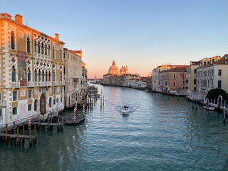 Venice, Italy, February 14, 2021 - View of the Grand Canal and Basilica Santa Maria della Salute from the Ponte dell'Accademia in Venice, Italy