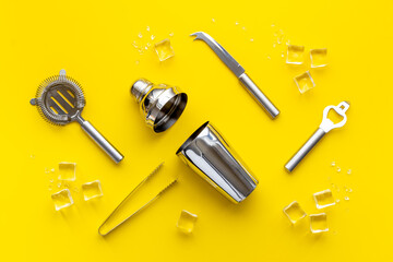 Set of bartender tools and accessories with a cocktail shaker
