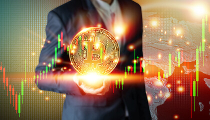 Businessman holding bitcoin coins, cryptocurrency conceptual, new generation of global currency trading.