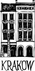 doodle facade Polish Buildings facade front view. European homes shops and cafes of the old city buildings simple monochromatic line art sketch for a logo 