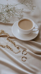 coffee wih milk, gold earrings, chain, candles on beige atlas background