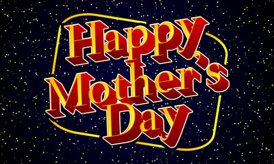Happy Mother`s Day text on retro movie background. Space theme backdrop with stars. Retro print for greeting cards, posters. Vector stock illustration with starry sky.