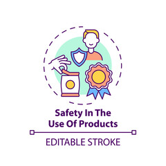 Safety in products use concept icon. Fundamental consumer right idea thin line illustration. Using goods without potential harm and risk. Vector isolated outline RGB color drawing. Editable stroke