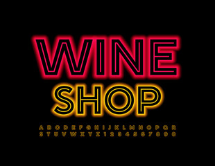 Vector glowing logo Wine Shop. Neon Illuminated Font. Yellow Alphabet Letters and Numbers set