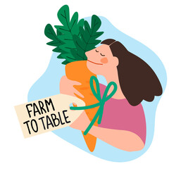Happy woman holding giant carrot with Farm to Table tag. Harvesting, fresh vegetables delivery, trading concepts