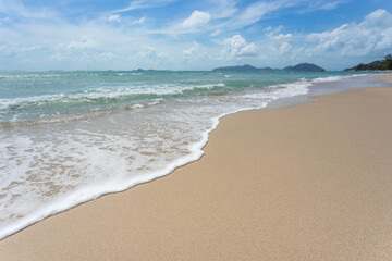 Sea view from tropical beach with sunny sky. Summer paradise beach of Koh Samui island. Tropical shore. Tropical sea in Thailand.