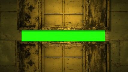 metal door opening to green screen
