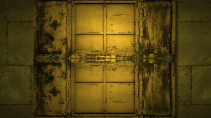 metal door opening to green screen