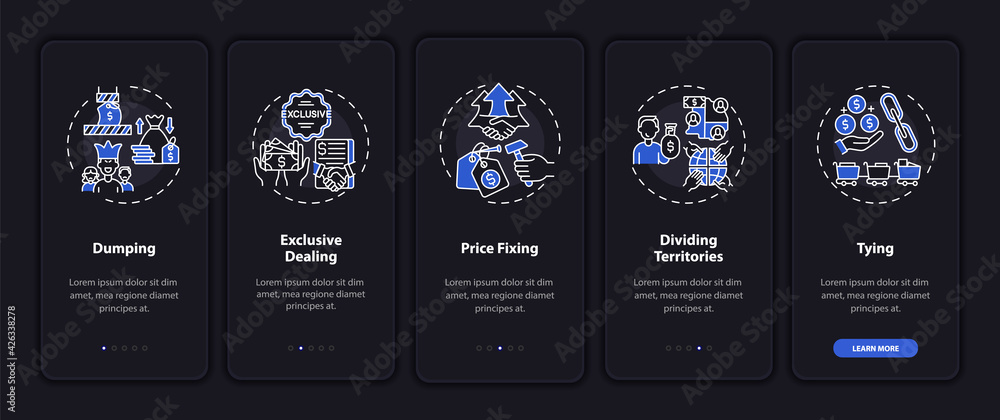 Poster noncompetitive methods onboarding mobile app page screen with concepts. division, price fix walkthro