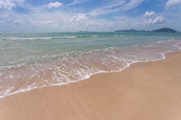 Sea view from tropical beach with sunny sky. Summer paradise beach of Koh Samui island. Tropical shore. Tropical sea in Thailand.