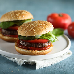 Homemade burgers with tomato and basil
