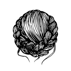 Beautiful hairstyle with hair in form spit. Romantic vector hairstyle logo icon isolated on white. Fashion braid girl illustration. - obrazy, fototapety, plakaty