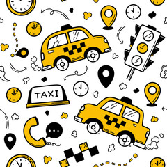 Taxi seamless pattern in the doodle style