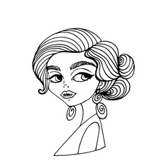 Vintage woman with beautiful makeup in black & white. Beauty portrait fashion elegant woman. Vector hairstyle model isolated on white.