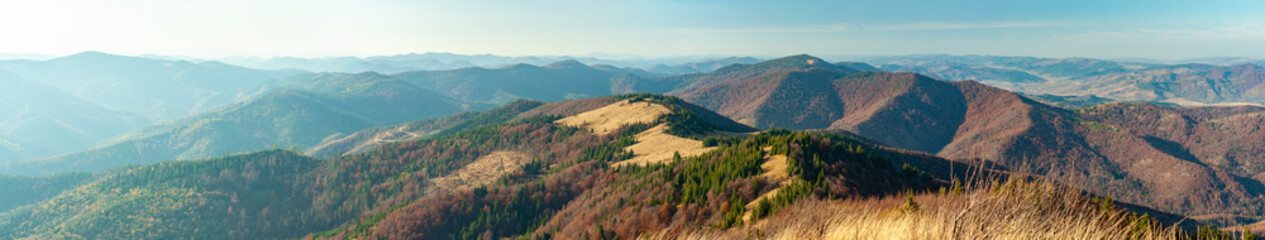 Fototapeta na wymiar Mountain wilderness landscape, panorama forest-covered mountain range hills, nature Carpathians Ukraine, warm autumn day October.