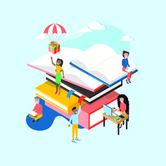 People read books, go to the library. Characters with books, learning, development. Isometric 3D