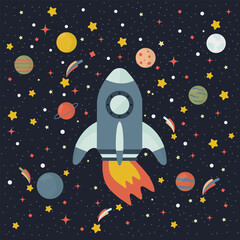 Fototapeta premium Flying rocket on space background. Flat vector illustration of cosmic ship. Stars and planets.
