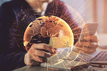 Double exposure of man's hands holding and using a phone and social network theme drawing.