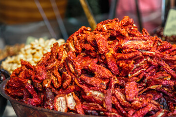 dried red chilis in bulk at a farmers market