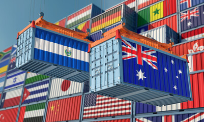 Freight containers with Australia and El Salvador national flags. 3D Rendering 