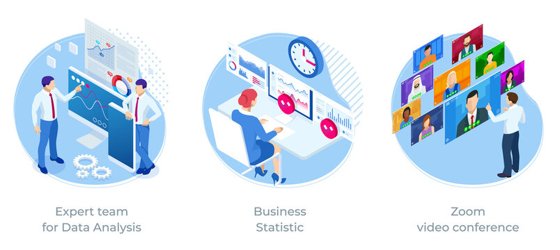 Isometric Expert Team For Data Analysis, Business Statistic, Zoom Video Conference, Consulting, Marketing.