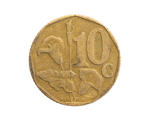 south africa ten cents coin on white isolated background