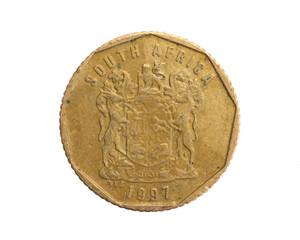 south africa ten cents coin on white isolated background
