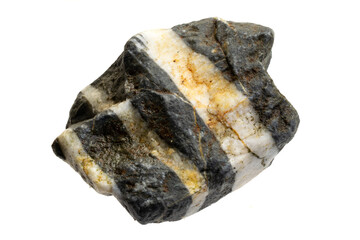 black stone with white quartz stripes against white isolated background