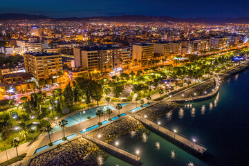 Cyprus. Limassol. Panorama of the night promenade. Embankment of Limassol. Evening beach in Cyprus top view. City in the Mediterranean. Cruise on the island of Cyprus. Travel to Limassol.