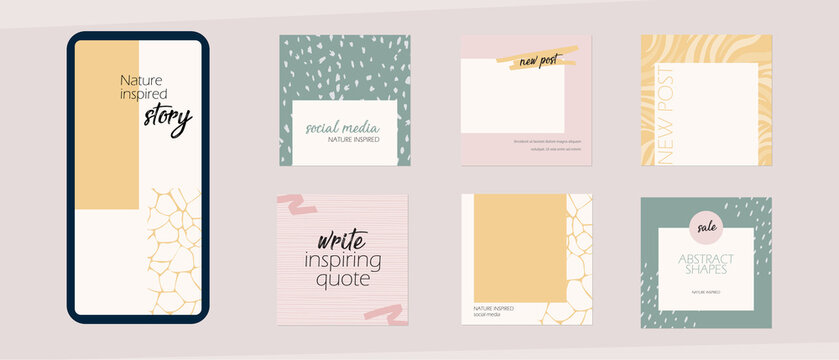 Instagram Social Media Story Feed Template. Minimal Background Layout Mockup In Pastel Pink Yellow Color With Abstract Shapes. For Beauty, Cosmetics, Fashion, Spa, Food. Light Spring Summer Vector