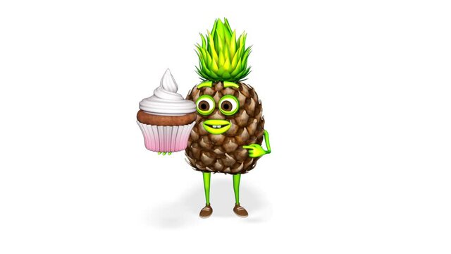 3d Character Pineapple Shows Cupcake Loop on White Background