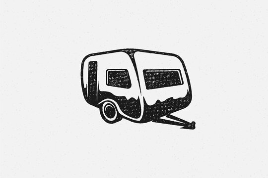 Silhouette of retro camper designed as emblem road trip in countryside hand drawn stamp effect vector illustration.
