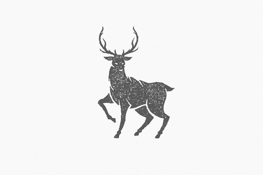 Black silhouette wild deer with huge antlers as symbol of wildlife hand drawn stamp effect vector illustration