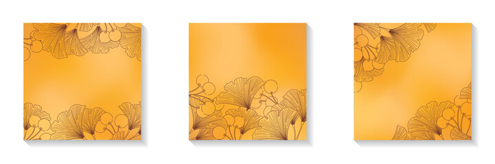 Set of square blurred orange frames with copy space for social media posts ginkgo leaves and berries line art