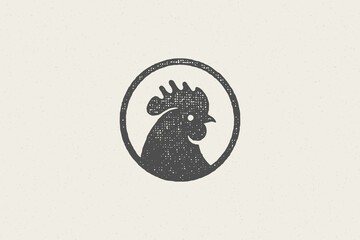 Black rooster head silhouette for poultry farm industry hand drawn stamp effect vector illustration. - obrazy, fototapety, plakaty