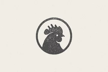 Foto op Plexiglas Black rooster head silhouette for poultry farm industry hand drawn stamp effect vector illustration. © provectors