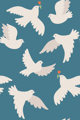 Seamless pattern with white doves. Vector graphics