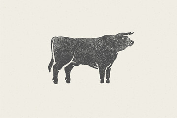Large bull silhouette for domestic farm industry hand drawn stamp effect vector illustration.