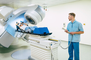Cancer treatment in a modern medical private clinic or hospital with a linear accelerator....