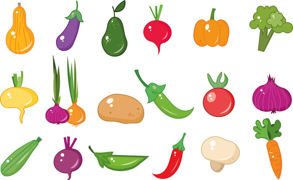 Big vector set of different organic vegetables in cartoon hand drawn style. Natural farm harvest.
