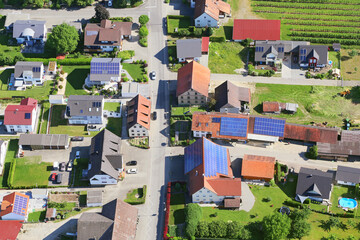 Town in Germany, aerial photography. There are a lot of solar panels on the roofs