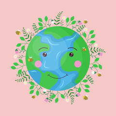 Save earth concept. Vector illustration of happy earth. World Environment Day April 22. Isolated green planet