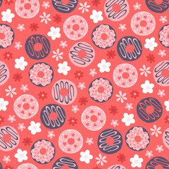 Floral seamless pattern with sweet donuts and flowers. Scandinavian style