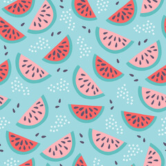 Food seamless pattern with watermelon seeds and slices. Scandinavian style